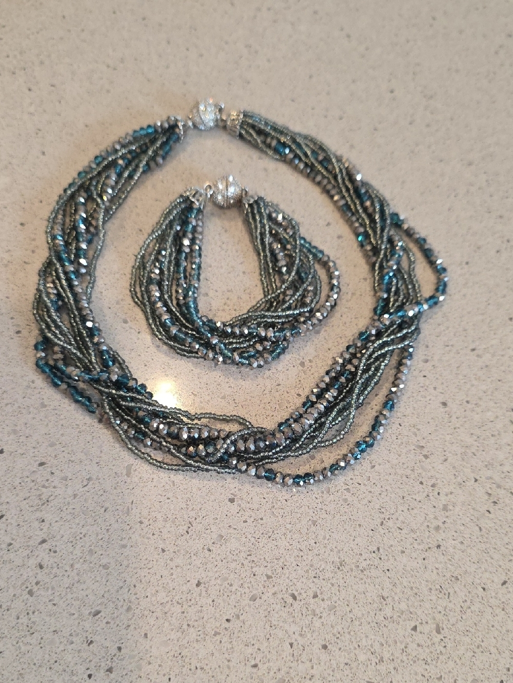 Premier Designs Teal and Gunmetal Multi-Strand Necklace & Bracelet Set